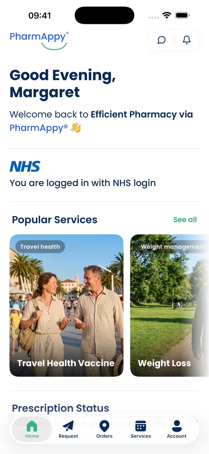 The Martin Pharmacy patient app home screen with NHS login and popular services